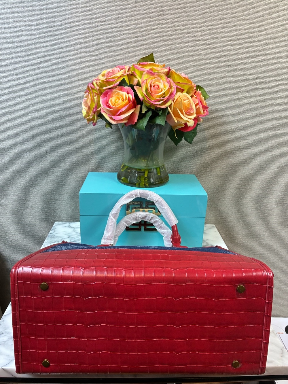 Kurt Geiger Blue Floral Denim & Red Croc Embossed Leather Chiswick Tote - NWT - Picture 7 of 12